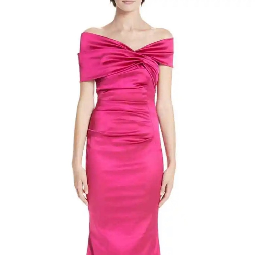 TALBOT RUNHOF Azalea Pink Off the Shoulder Duchess Satin Gown